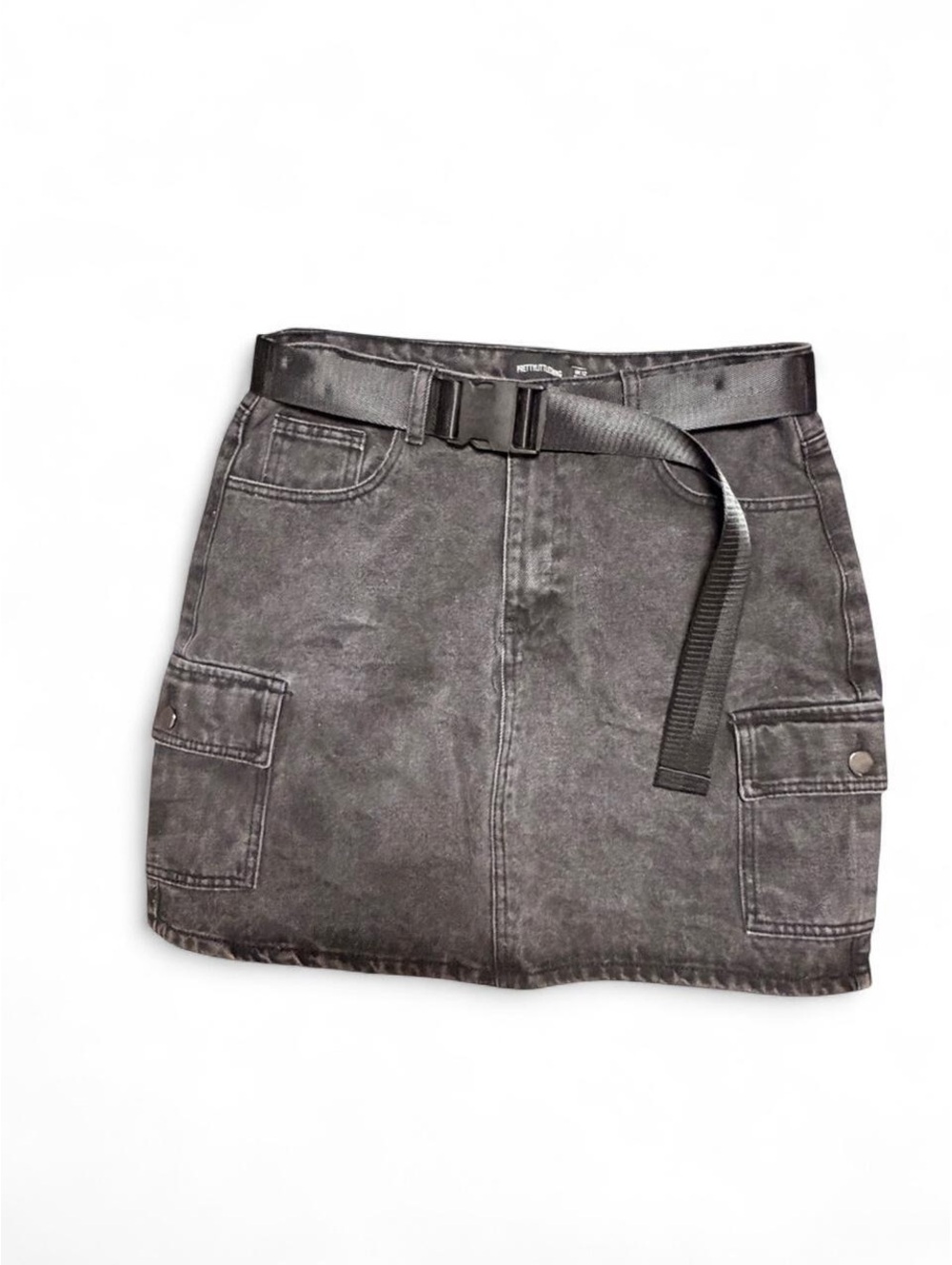 PrettyLittleThing Black Denim Cargo Mini Skirt US 8 Utility Belt Y2K